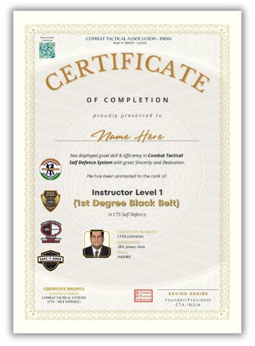 1st Degree CTS Black Belt in Realistic Self Defence certificate